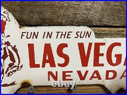 Vintage Tourist Souvenir Porcelain Sign Las Vegas Sin City Tag Topper Gas Oil