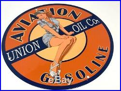 Vintage Union Oil Aviation Gasoline Advertising 12 Porcelain Sign Model Girl