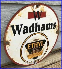 Vintage Wadhams With Ethyl Gasoline Porcelain Gas Pump Sign Dated 1927