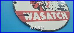 Vintage Wasatch Gasoline Porcelain Indian Gas Auto Oil Service Station Pump Sign