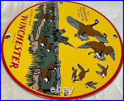 Vintage Winchester Porcelain Sign Ammo 12 Gauge Shot Gun Shells Bird Hunting Dog