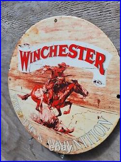 Vintage Winchester Porcelain Sign Firearms Ammunition Gun Western Horse Gas Oil