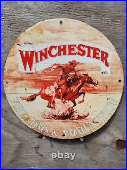 Vintage Winchester Porcelain Sign Firearms Ammunition Gun Western Horse Gas Oil