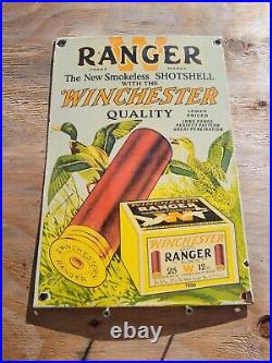 Vintage Winchester Porcelain Sign Ranger Ammo Gun Rifle Hunting Shotgun Gas Oil