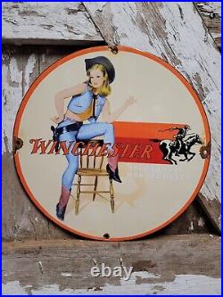 Vintage Winchester Porcelain Sign Western Cowgirl Shotgun Gun Rifle Ammo Gas Oil