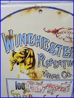 Vintage Winchester Repeating Arms Porcelain Sign Gun Rifle Ammo Shotgun Gas Oil
