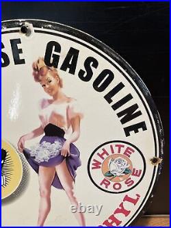 Vintage''white Rose With Ethyl'' Gas & Oil Pump Plate 12 Inch Porcelain Sign