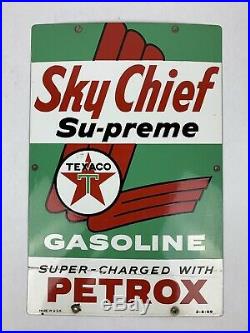 Vtg TEXACO Sky Chief Su-Preme Gasoline Porcelain Enamel Sign, gas pump 3-6-1959