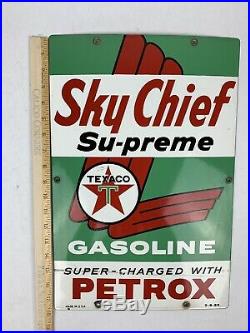 Vtg TEXACO Sky Chief Su-Preme Gasoline Porcelain Enamel Sign, gas pump 3-6-1959