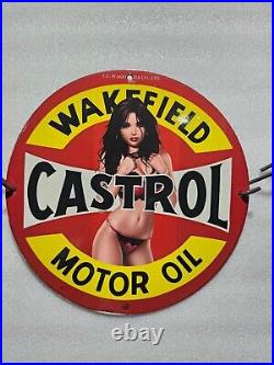 Wakeield Castrol Gasoline Porcelain Pinup Girl Service Station Gas Oil Dome Sign