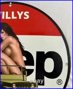 Willys Jeep Porcelain Enamel Pinup Naked Babe Gas Oil Garage Service Pump Sign