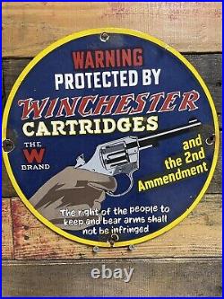 Winchester Cartridges Vintage Porcelain Sign Gas & Oil Firearm Gun Hunting Law