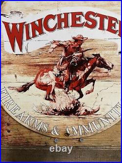 Winchester Vintage Porcelain Sign Gas & Oil Firearms Ammunition Western Shooting